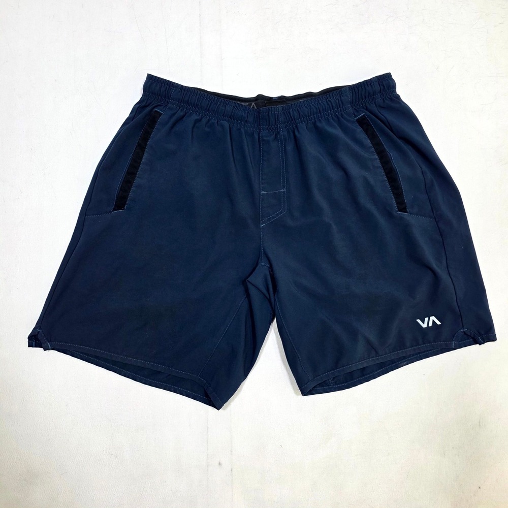 RVCA Sport Shorts Mens Medium Navy Blue Elastic Waist Athletic Training VA Logo